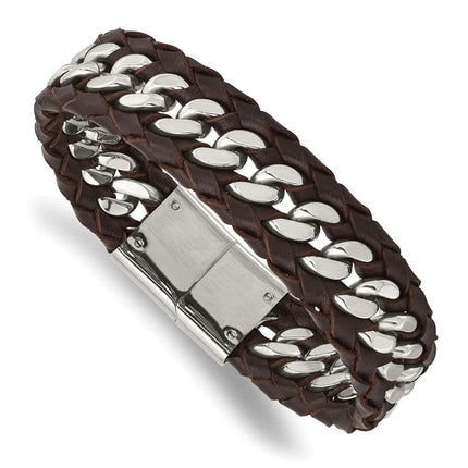 Stainless Steel Polished Brown Leather 8.5in Bracelet ,