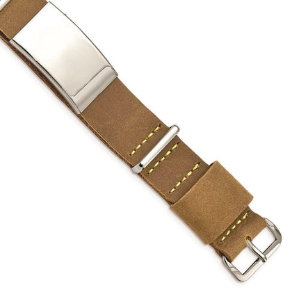 Stainless Steel Polished Brown Leather Adj. ID Bracelet ,