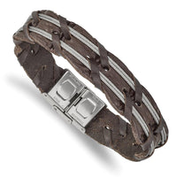 Stainless Steel Polished Brown Leather and Wire Braided 8.5in Bracelet ,