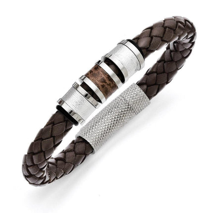 Stainless Steel Polished Brown Leather Black Rubber Bracelet ,