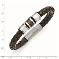 Stainless Steel Polished Brown Leather Black Rubber Bracelet ,