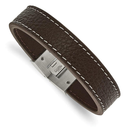 Stainless Steel Polished Brown Leather Bracelet ,