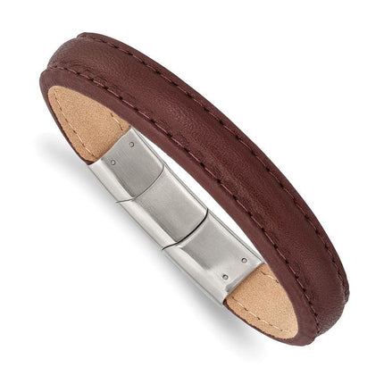Stainless Steel Polished Brown Leather w/.5in ext 7.75in Bracelet ,