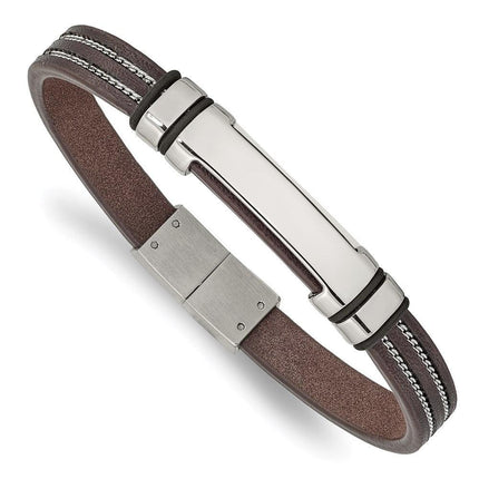 Stainless Steel Polished Brown Leather w/Black Rubber 8.25in ID Bracelet ,