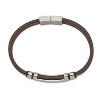 Stainless Steel Polished Brown Leather w/Black Rubber 8.25in ID Bracelet ,