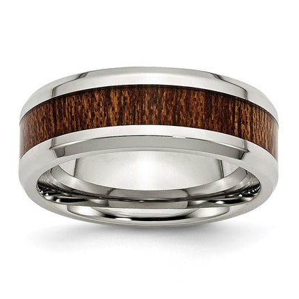 Stainless Steel Polished Brown Wood Inlay Enameled 8.00mm Ring ,