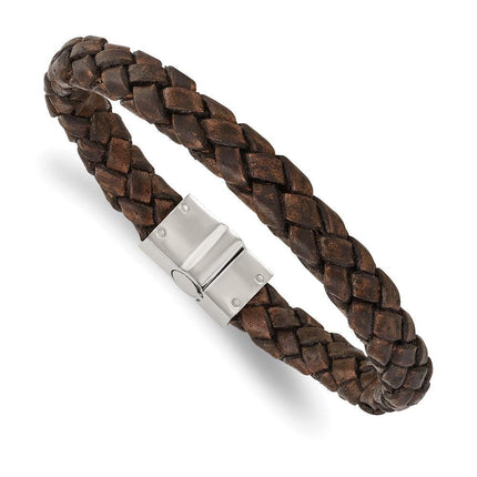 Stainless Steel Polished Brown Woven Leather Bracelet ,