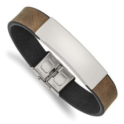 Stainless Steel Polished Brown/Black Leather 8.25in ID Bracelet ,