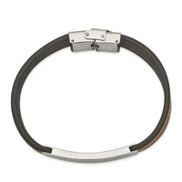 Stainless Steel Polished Brown/Black Leather 8.25in ID Bracelet ,