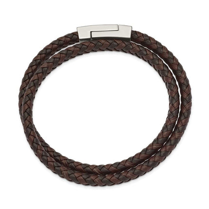 Stainless Steel Polished Brown/Black Leather Braided 15.75in Wrap Bracelet ,