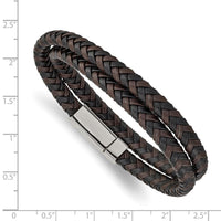 Stainless Steel Polished Brown/Black Leather Braided 15.75in Wrap Bracelet ,