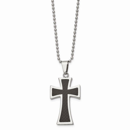 Stainless Steel Polished Carbon Fiber Inlay 22in Cross Necklace ,