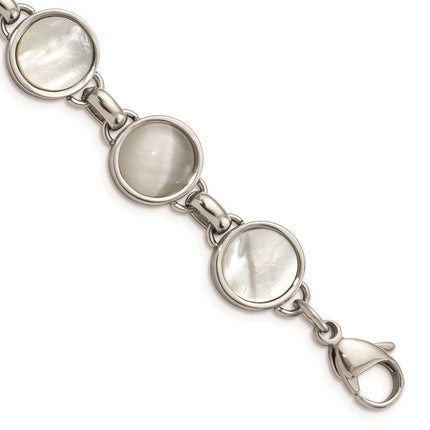Stainless Steel Polished Cat's Eye and Mother of Pearl Bracelet ,