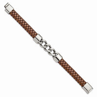Stainless Steel Polished Chain and Brown Leather 8.25in Bracelet ,