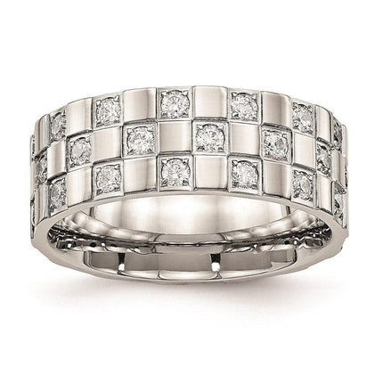 Stainless Steel Polished Checkered Board CZ Ring ,