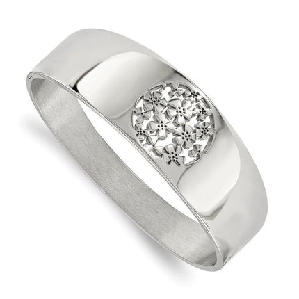 Stainless Steel Polished Circle Flower Cut-out Hinged Bangle ,
