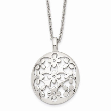 Stainless Steel Polished Circle w/CZ w/2in ext. Necklace ,