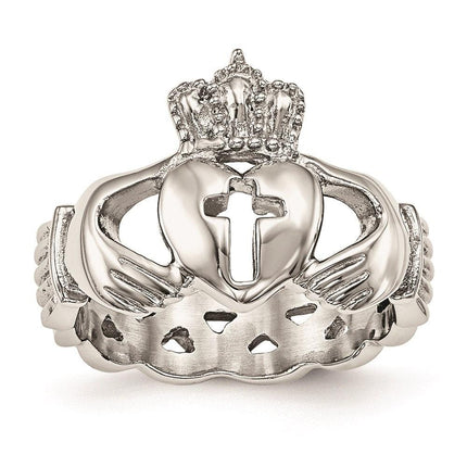 Stainless Steel Polished Claddagh with Cross Ring ,