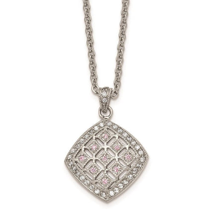 Stainless Steel Polished Clear and Pink CZ Square Necklace ,