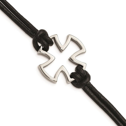 Stainless Steel Polished Cross Black Leather Bracelet ,