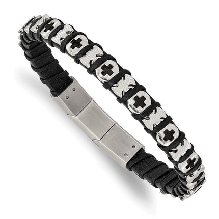 Stainless Steel Polished Cross Black Leather w/.5in ext 8in Bracelet ,