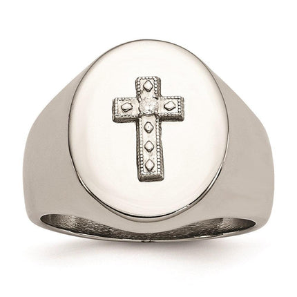 Stainless Steel Polished Cross CZ Signet Ring ,
