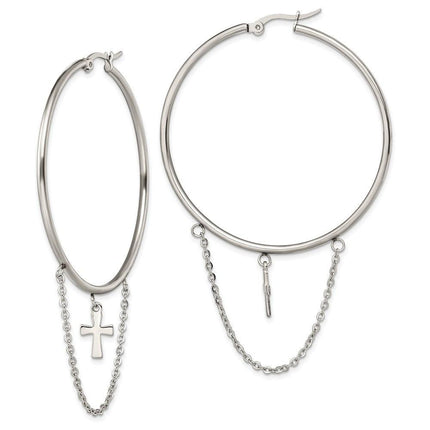 Stainless Steel Polished Cross Dangle Hoop Earrings ,