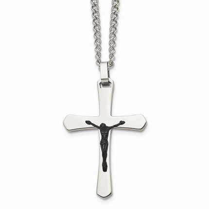 Stainless Steel Polished Cross w/Black IP Jesus Necklace ,
