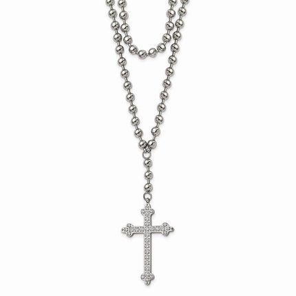 Stainless Steel Polished Cross w/Crystal Two Bead Chain Necklace ,