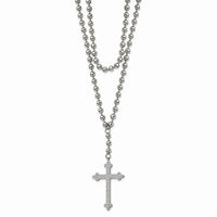 Stainless Steel Polished Cross w/Crystal Two Bead Chain Necklace ,