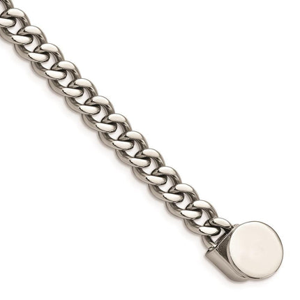 Stainless Steel Polished Curb Chain w/Black Leather Hook 8.25in Bracelet ,