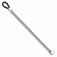 Stainless Steel Polished Curb Chain w/Black Leather Hook 8.25in Bracelet ,