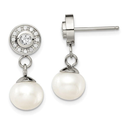 Stainless Steel Polished CZ and FWC Pearl Dangle Earrings ,