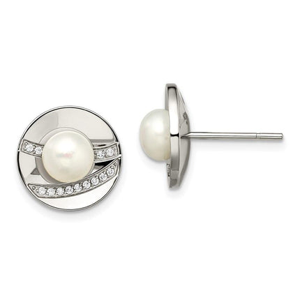 Stainless Steel Polished CZ and FWC Pearl Post Earrings ,