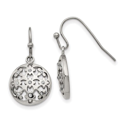 Stainless Steel Polished CZ Circle Shepherd Hook Earrings ,