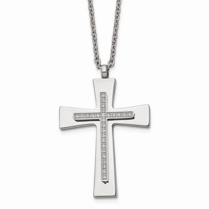Stainless Steel Polished CZ Cross Necklace ,