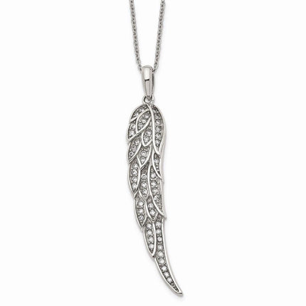 Stainless Steel Polished CZ Wing Pendant with 2in extension Necklace ,