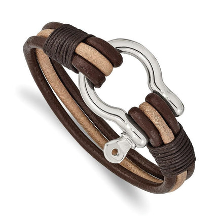 Stainless Steel Polished DarkBrown/Tan Leather MultiStrand Shackle Bracelet ,