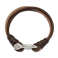 Stainless Steel Polished DarkBrown/Tan Leather MultiStrand Shackle Bracelet ,