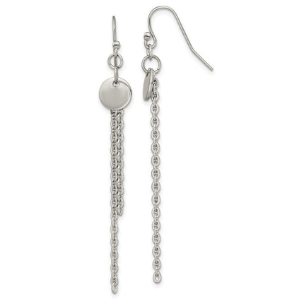 Stainless Steel Polished Disc with Chain Dangle Shepherd Hook Earrings ,