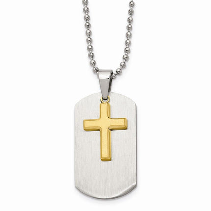 Stainless Steel Polished Dog Tag Yellow IP-plated Brushed Cross Necklace ,