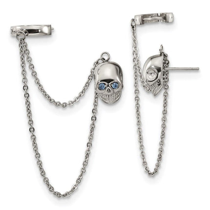 Stainless Steel Polished Double Earrings w/Hoop Chain Dangle & Blue CZ Post ,