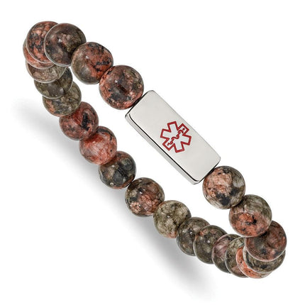 Stainless Steel Polished Enamel Medical ID Poppy Jasper Stretch Bracelet ,