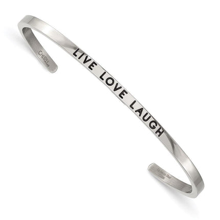 Stainless Steel Polished Enamel/Crystal LIVE LOVE LAUGH 3mm Cuff Bangle ,