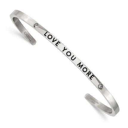 Stainless Steel Polished Enamel/Crystal LOVE YOU MORE 3mm Cuff Bangle ,