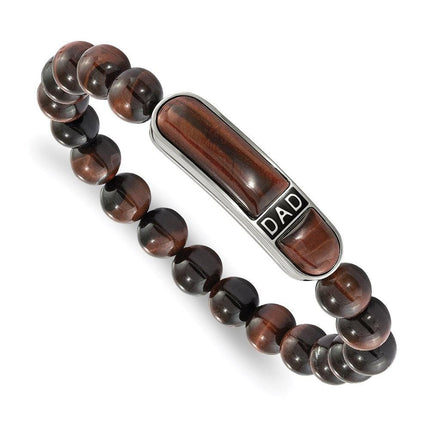 Stainless Steel Polished Enameled Tiger's Eye Beaded DAD Stretch Bracelet ,