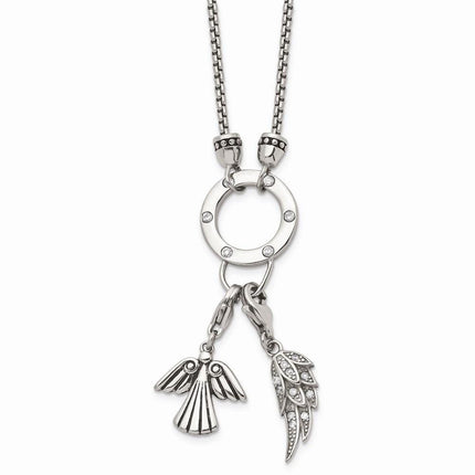 Stainless Steel Polished Feather & Angel CZ Charms w/2in ext. Necklace ,