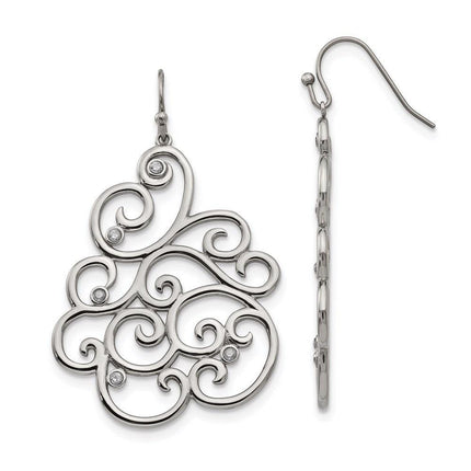 Stainless Steel Polished Filigree CZ Dangle Shepherd Hook Earrings ,