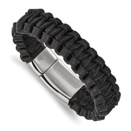 Stainless Steel Polished Flat Braided Black Leather Bracelet ,