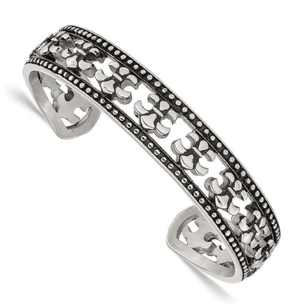 Stainless Steel Polished Fleur de Lis Antiqued Bangle ,